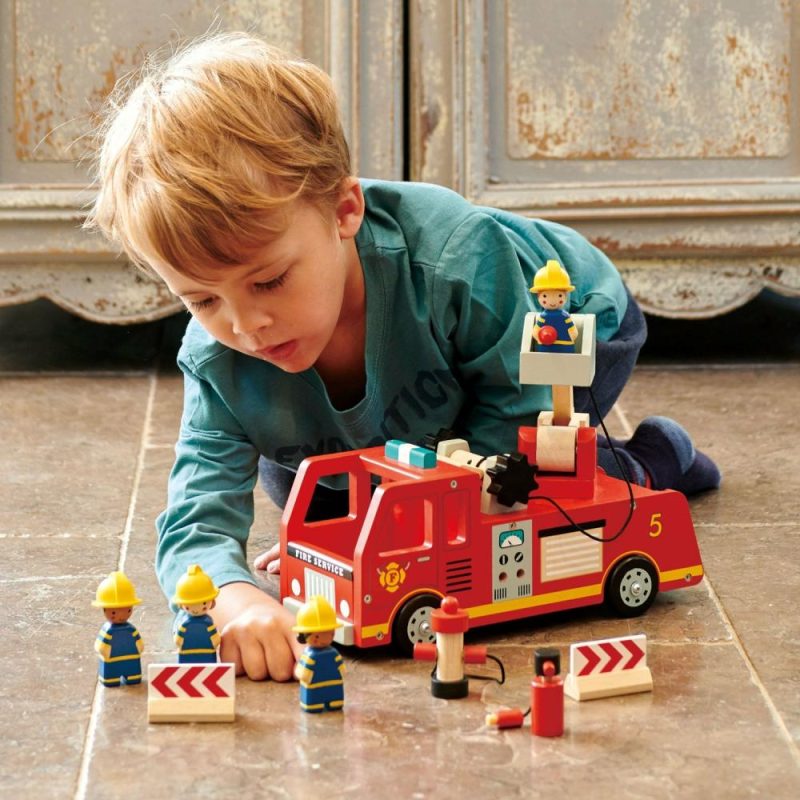 Pretend Play | Wooden Fire Engine And Firefighter Play Set Pretend Play Pretend Play