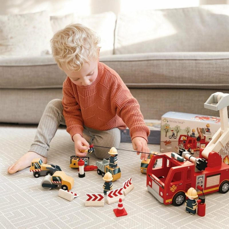 Pretend Play | Wooden Fire Engine And Firefighter Play Set Pretend Play Pretend Play