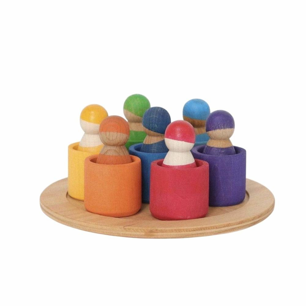 Waldorf Essentials | 7 Rainbow Wooden Peg Dolls In Bowls Waldorf Essentials Waldorf Essentials