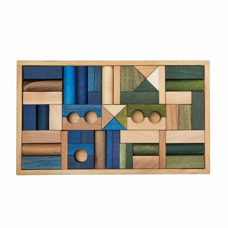 Waldorf Essentials | Cool Colored Wooden Block Set With Storage Tray – 54 Pieces Waldorf Essentials Waldorf Essentials