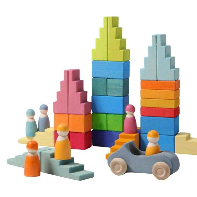 Waldorf Essentials | Wooden Stepped Roofs Building Blocks Set – Pastel Waldorf Essentials Waldorf Essentials